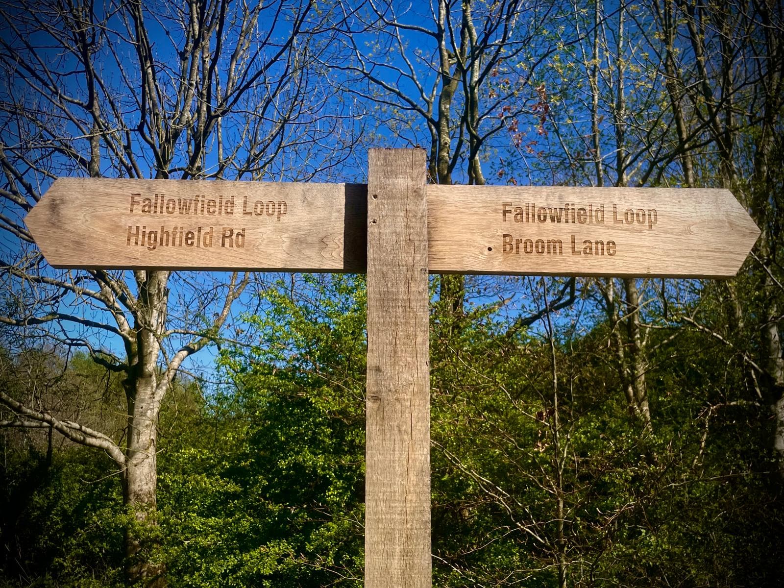 Wooden Fallowfield Loop sign near Highfield Road and Broom Lane